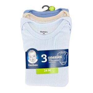 Gerber Onesies Bodysuits Boys 24M Blue Tan Ribbed Cotton Short Sleeve 3-Pack